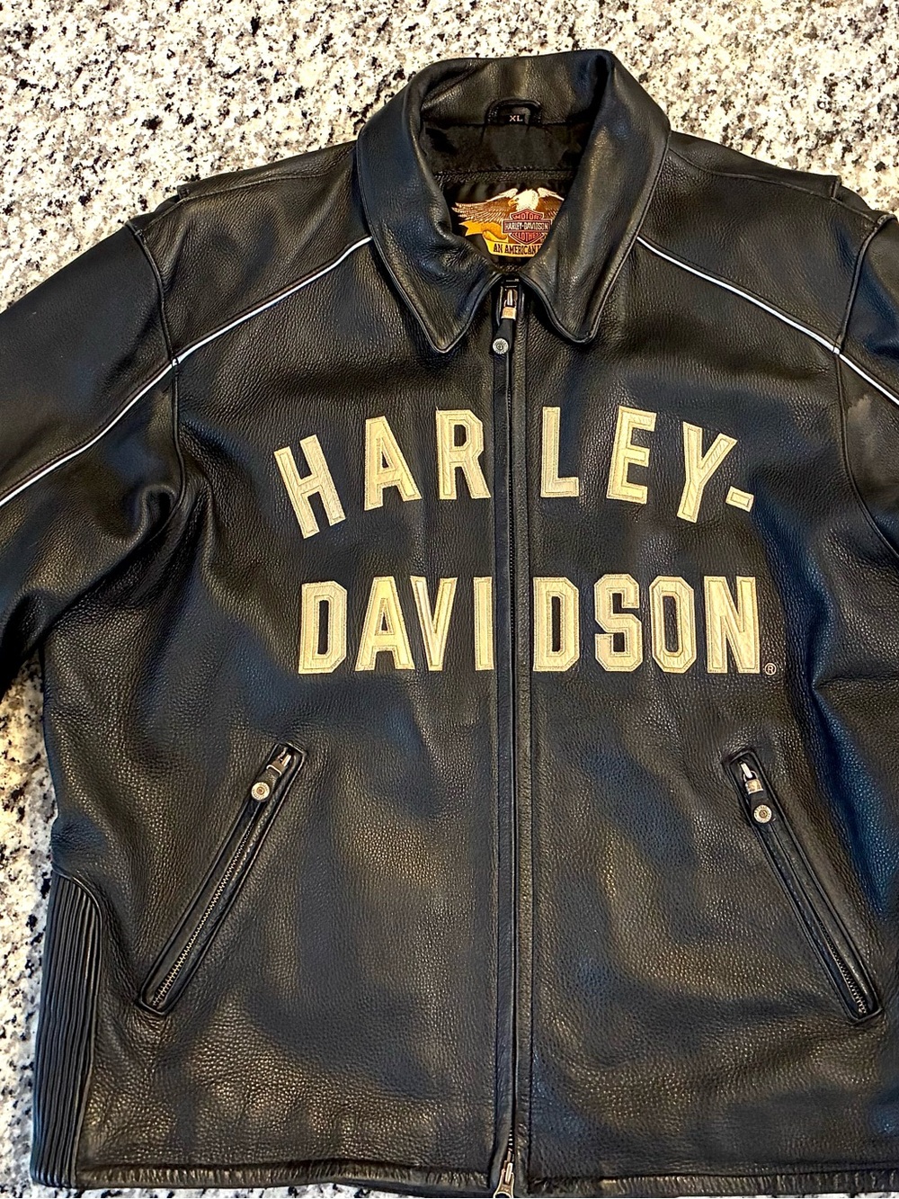 Harley-Davidson Black Leather Bomber Jacket with Cream Lettering